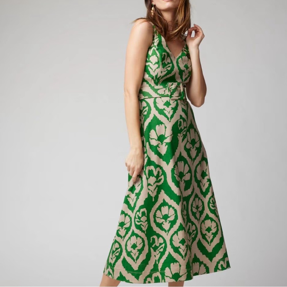 Green and Tan Linen Blend Belted Midi Dress